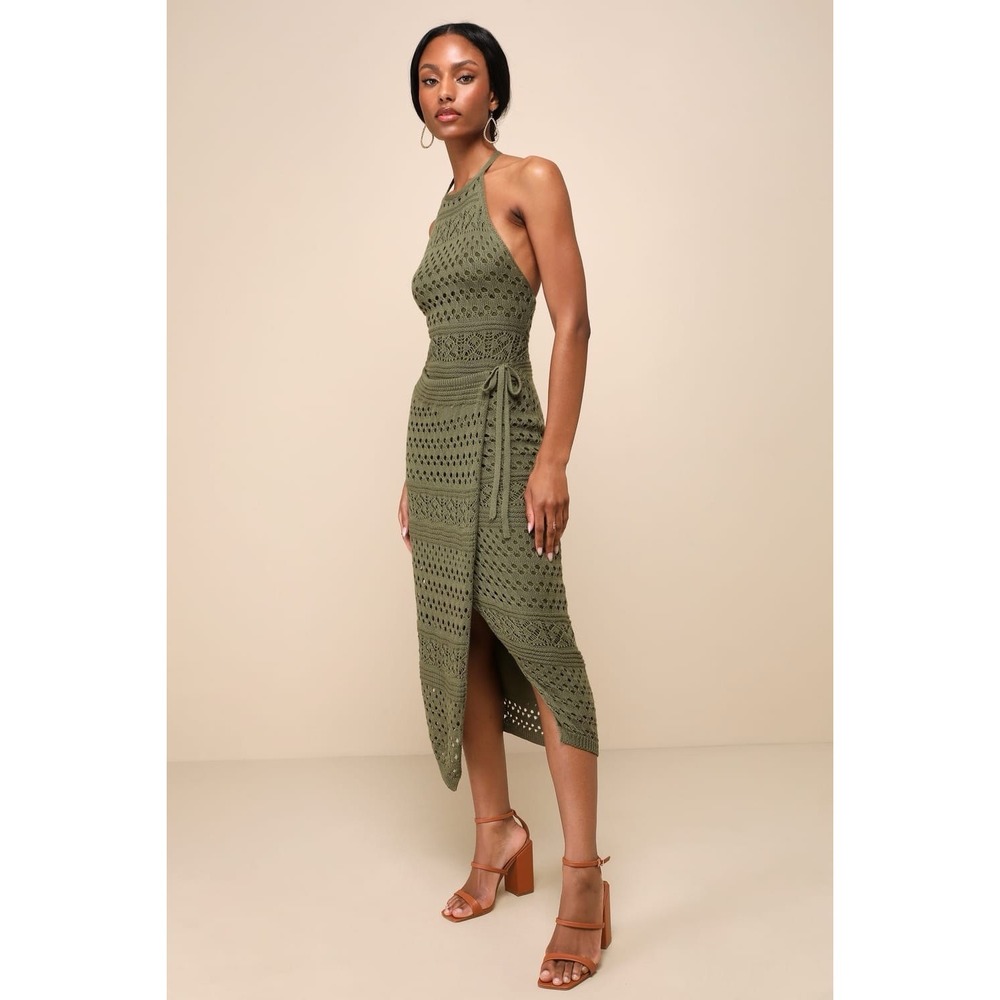 Lulus Green Crochet Knit Tie Halter Neck Wrap Midi Dress Sleeveless Small NWT